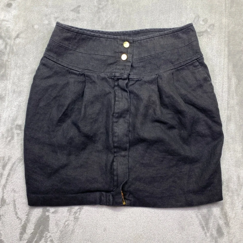 Tory Burch Black Linen Blend High Waist Button Front Mini Skirt Size 8 Fits 28